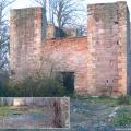 Bild 20 - Fördergerüst-Unterbau des Zirkelschachtes bei Klostermansfeld im Jahr 2010 Abbildung unten links: Der Schachtdeckel des Zirkelschachtes (im Gebäude)  Foto: G. Roswora